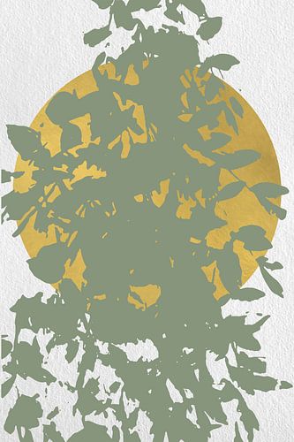 Japandi. Abstracte botanische takken in pastel saliegroen met gouden zon op wit