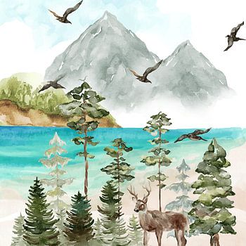 Mountain Forest Landscape with Deer and Lake