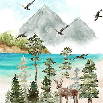 Mountain Forest Landscape with Deer and Lake