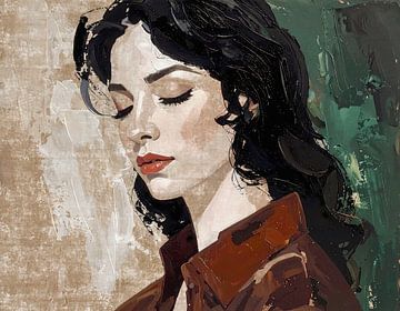 triptyque - 1 de 3 - portrait femme aux cheveux noirs - rouille brun vert et beige