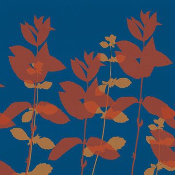 Moderne minimalistische botanische Kunst. Blätter in Terrakotta und Ocker auf Blau von Abstrakte minimalistische Kunst