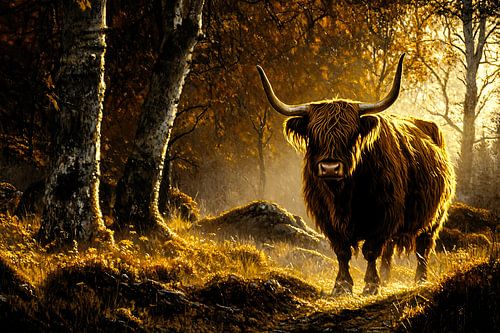 Schotse hooglander in herfstbos