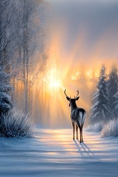 Cerfs dans la forêt au lever du soleil