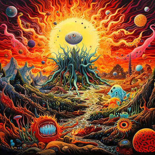 Planeet met vreemde kleurige wezens, psychedelisch, surrealistisch