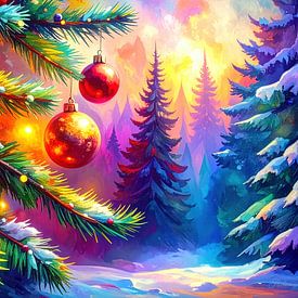 Christmas time in the glow of lights and snow: a festively decorated tree in front of a wintery fir forest in the glow of the setting sun by AidasignArt