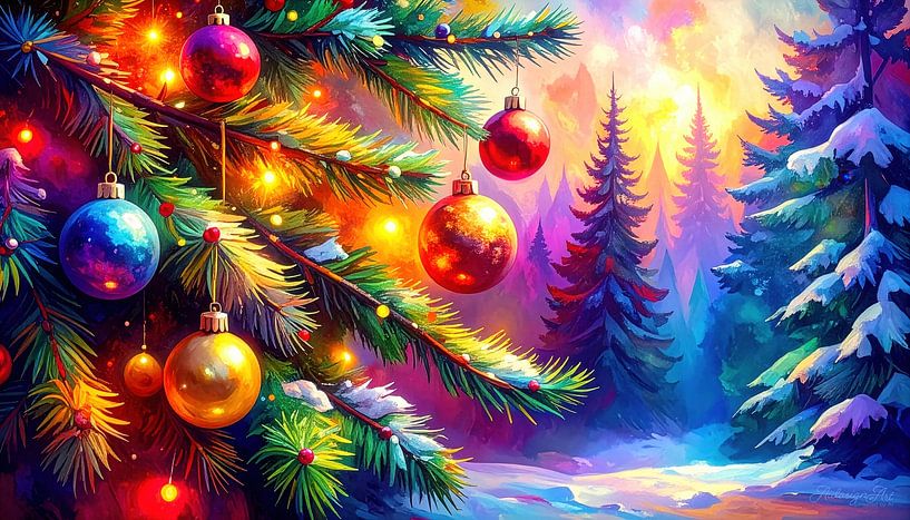 La période de Noël dans l'éclat des lumières et de la neige : un sapin décoré de manière festive devant une forêt de sapins hivernale à la lueur du soleil couchant par AidasignArt