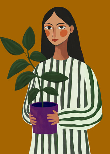 Grüner Daumen – moderne Illustration einer Frau und ihrer Pflanze, Herbstfarben II
