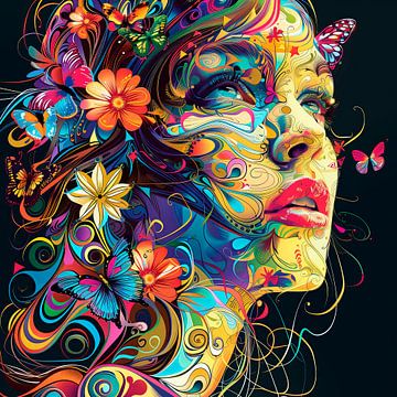 Vrouw met bloemen en vlinders van Marlon Paul Bruin