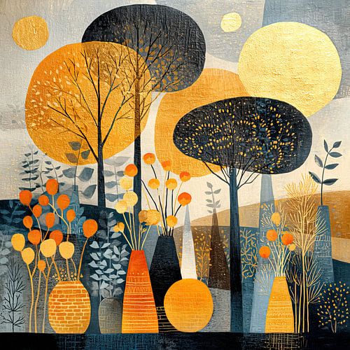 Gouden Abstract | Warm Gouden Landschap met Vazen