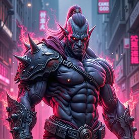 NEON ORC WARRIOR : Le guerrier orc avec son épée dans la ville cyberpunk sur INFERAURUM