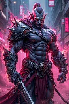 NEON ORC WARRIOR: The orc warrior with his sword in the cyberpunk city