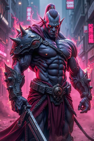 NEON ORC WARRIOR: The orc warrior with his sword in the cyberpunk city by INFERAURUM