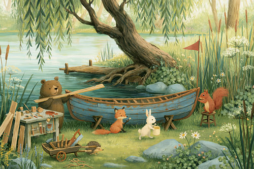 Woodland Friends – Together by the old boat on the lakeside