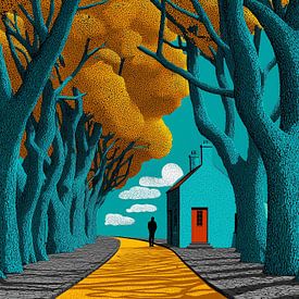 Figur auf einer gelben Straße in der Nähe von Haus und Bäumen von Studio Nocta