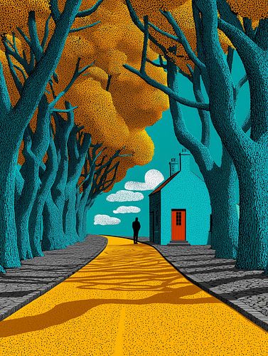 Figuur op een Gele Weg bij Huis en Bomen