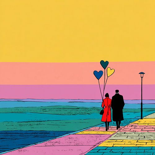 Love by the Sea - Colourful Illustration of Couple with Heart Balloons at Sunset