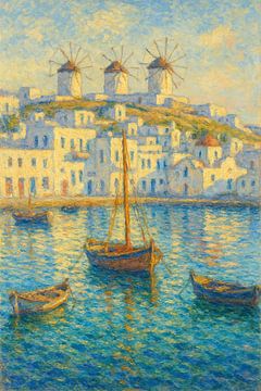 Mykonos Windmills & Harbor – Cycladic Island Impressionist Art by Travel Shop