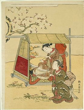 Suzuki Harunobu - Rustend in een draagstoel onder kersenbloesems van Peter Balan