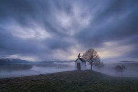 The chapel on the hill in the morning mist, Bavarian Alpine foothills by Christina Bauer Photos