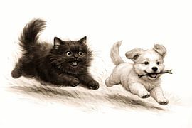 Un chat et un chien qui jouent