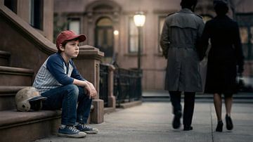 Forgotten – Garçon avec casque de baseball sur un escalier new-yorkais