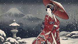 Eine elegante Geisha schreitet durch einen verschneiten japanischen Garten von my pixel art