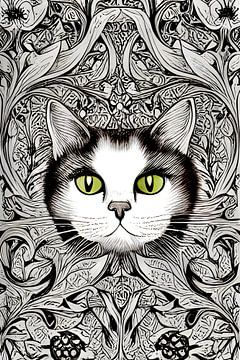 Zwart witte  kat illustratie met groene ogen van Lily van Riemsdijk - Art Prints with Color