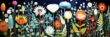 Abstrakte, farbenfrohe Blumen auf dunklem Grund von Frank Heinz