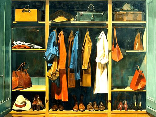 Kleiderschrank offen Kleidung Schuhe Hüte Taschen