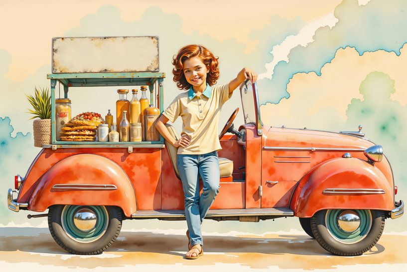 Mädchen und orangefarbener Lastwagen mit Essensstand von Markus Gann