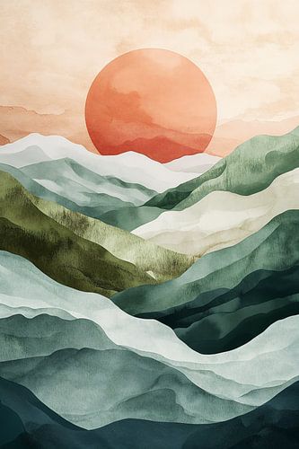 Abstract Mountain Landscape in Green and Pink