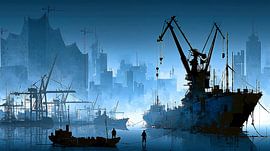 Blue industrial harbour in the mist by Jonas Weinitschke