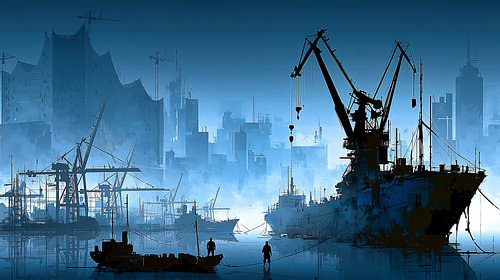 Blauer Industriehafen im Nebel