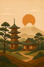 Japanische Berglandschaft im Boho-Stil Illustration. von Johannes