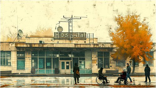 Hospital entrance with people in front