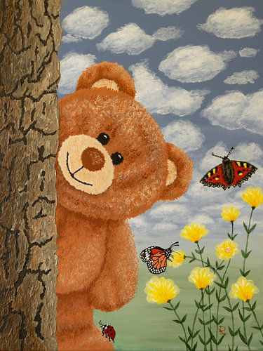 Cheerful bear with butterflies and ladybird by Lisette Rijkers