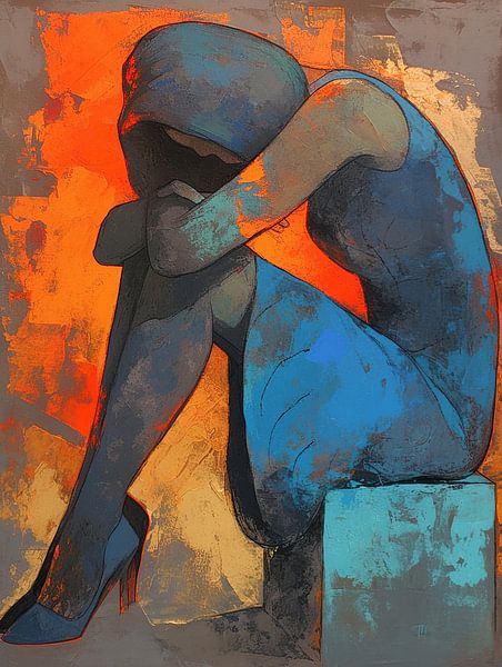 Frau mit Kapuze | Sitzende Frau mit Melancholie von ARTEO Gemälde