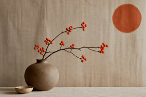Nature morte de style « Japandi » avec des baies orange dans un vase en faïence