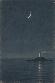 Mondsichel über dem Leuchtturm – Nachtblaues Meer von Albert Klee
