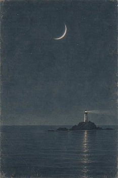 Crescent moon above the lighthouse – midnight-blue sea