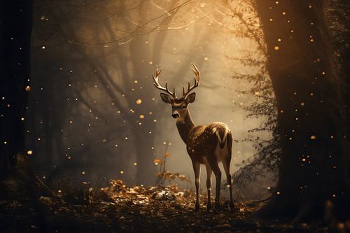 Golden Enchantment: The Deer of Autumn in a Dance with Fiery Leaves