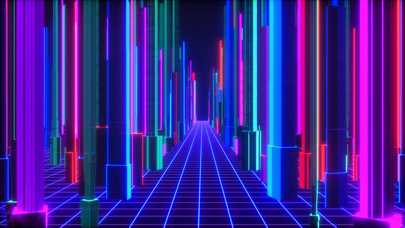 a futuristic background with neon glowing cubes (3d rendering) by Rainer Zapka