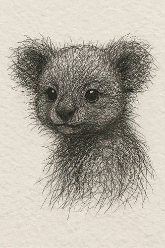 Draad portret baby koala (Australië line art realistisch tekening beige zwart speels schattig)