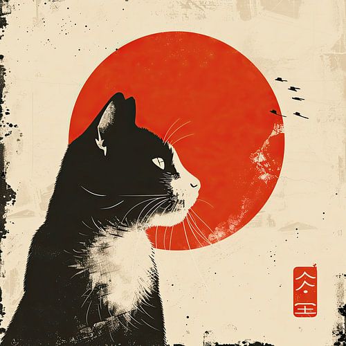 Art du chat tranquille avec des éléments japonais traditionnels sur Vlindertuin-Art