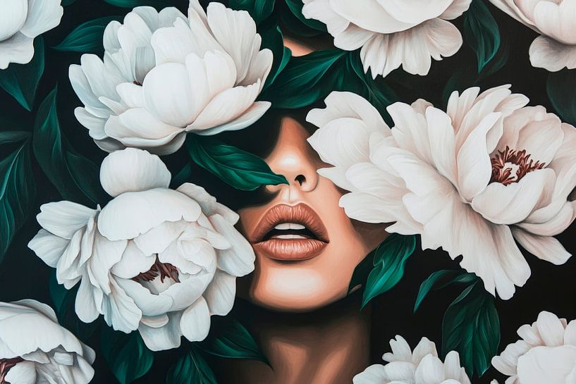 Blütenrausch: Gesicht hinter Pfingstrosen von Poster Art Shop