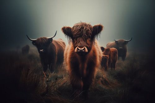 Scottish Highlander herd in the rain