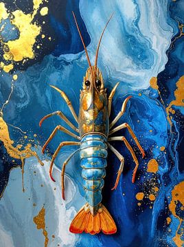 Reuzengarnaal - garnaal in blauwtinten met oranje staarteinde, geaccentueerd door glinsterende goudkleur voor een gestileerde marmeren plaat - uit een reeks schaaldieren