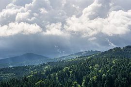 Gloeiende wolken als de zon doorbreekt en op zwart bos schijnt van adventure-photos