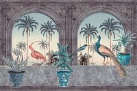 Tropical morning with peacock and heron