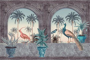 Tropical morning with peacock and heron by Andrea Haase